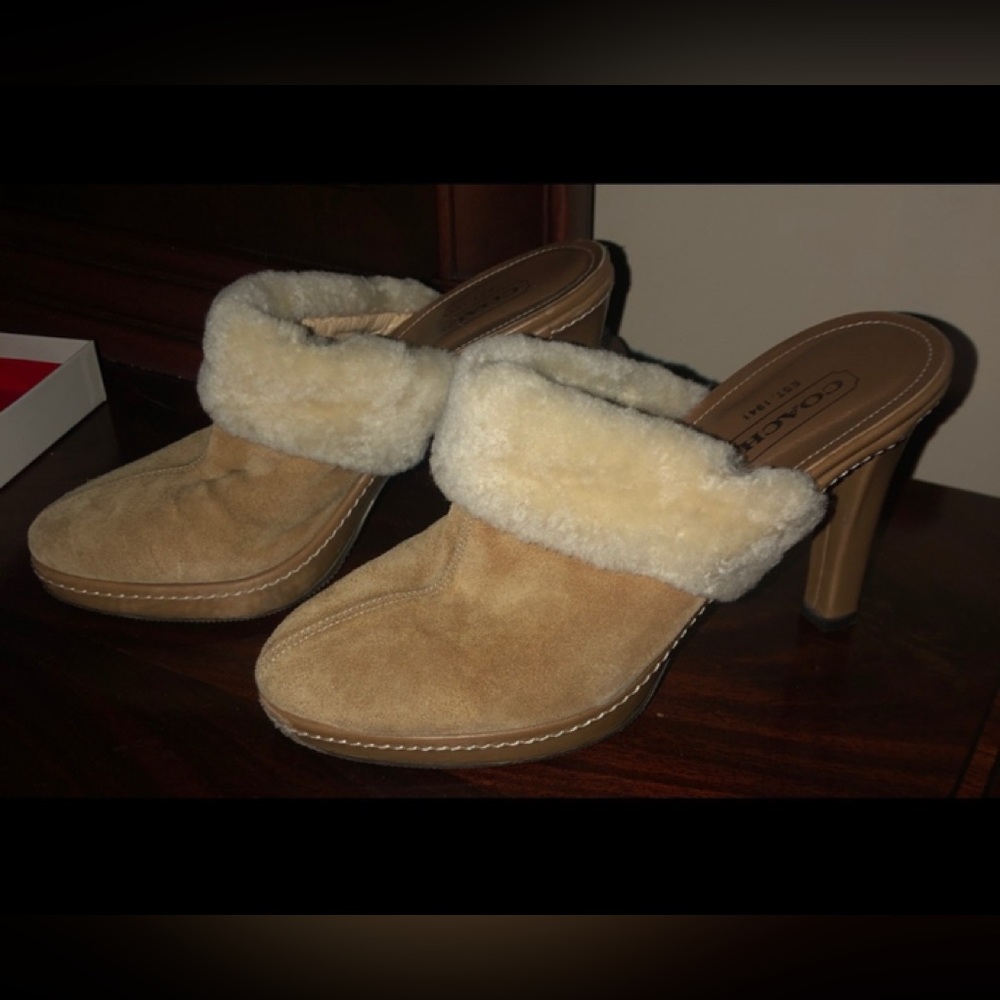 Coach Suede Leather Shearling Cuff Kacie High Heel Mule Women’s US SZ 7.5 UK 38 - Picture 4 of 7